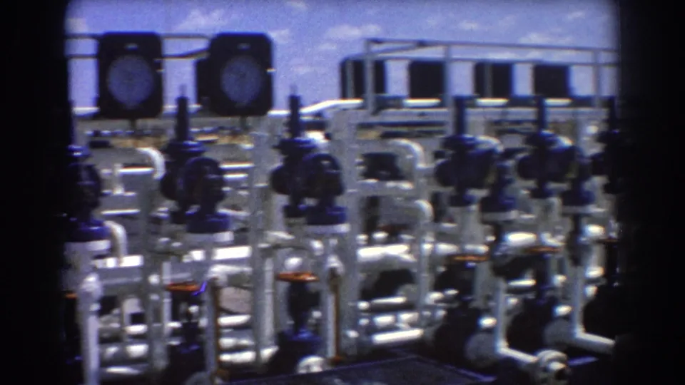1967 Brisbane 8mm frame showing white industrial piping, dark valve handles, and a low rectangular structure in the background.