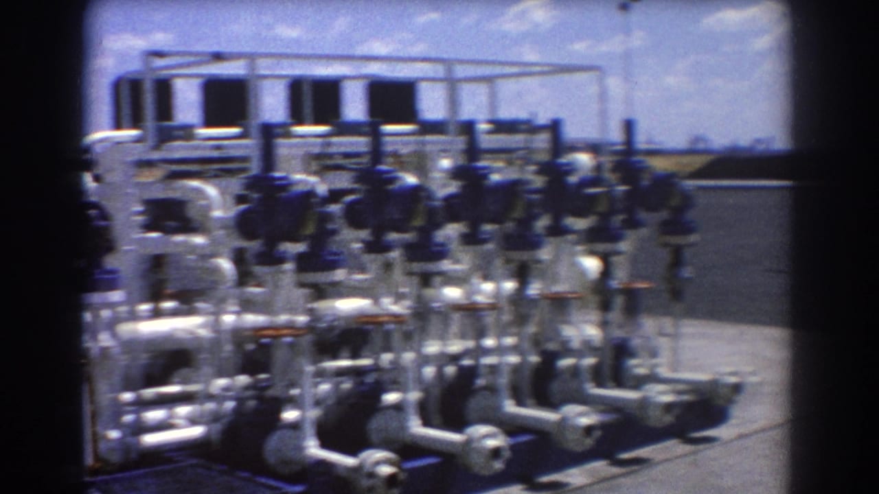 White industrial pipes and blue valve wheels beside a concrete platform under a bright sky.