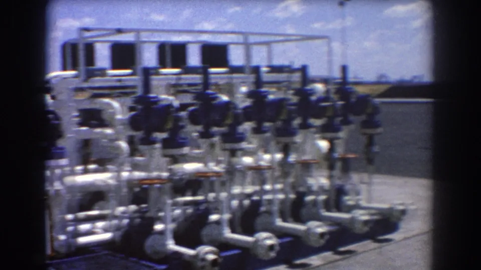 1967 Brisbane industrial facility view with white piping, blue valve wheels and a partial vehicle or structure at left.