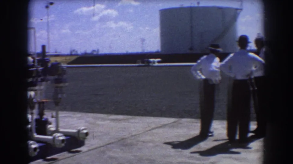 Three men in white shirts and dark trousers stand talking at a Brisbane industrial site in 1967, with a large tank behind them.