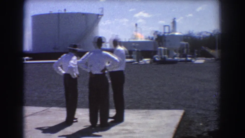 The men remain in conversation on a sunlit concrete platform at the 1967 Brisbane industrial facility, with tank and machinery visible.