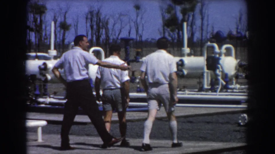 Three men walk through a Brisbane industrial worksite in 1967, with one gesturing toward white pipes, tanks, and machinery.