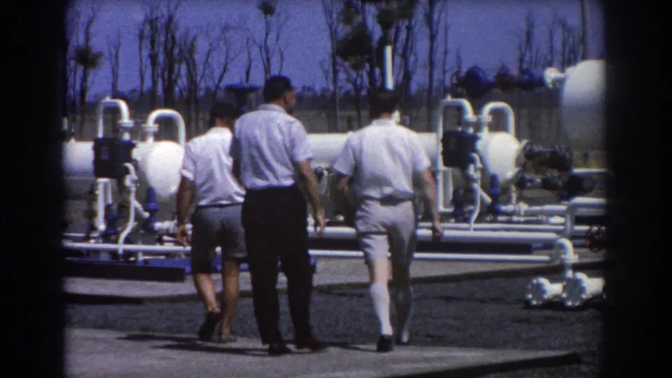 Seen from behind, three men walk toward white pipework and machinery at the Brisbane industrial site documented in 1967.