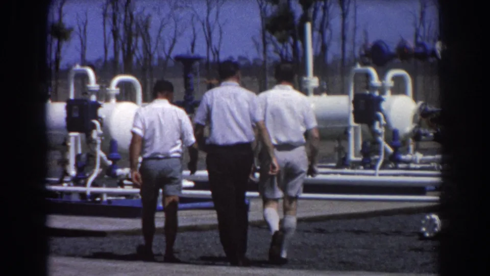 The three men continue away from the camera through a 1967 Brisbane worksite with white piping and blue industrial equipment visible ahead.