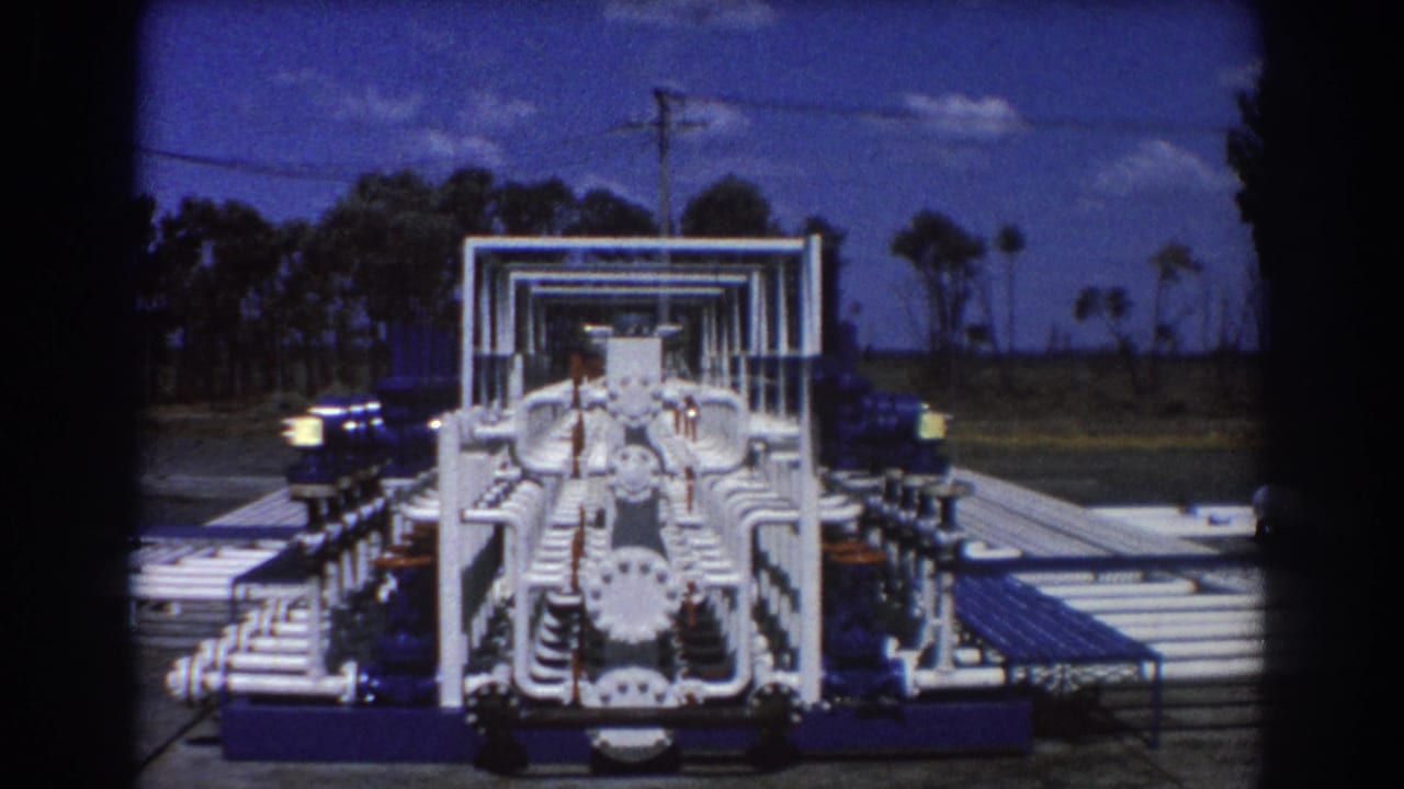 1967 Brisbane industrial pipeline structure with white pipe racks, blue equipment, trees, and utility wires in the background.