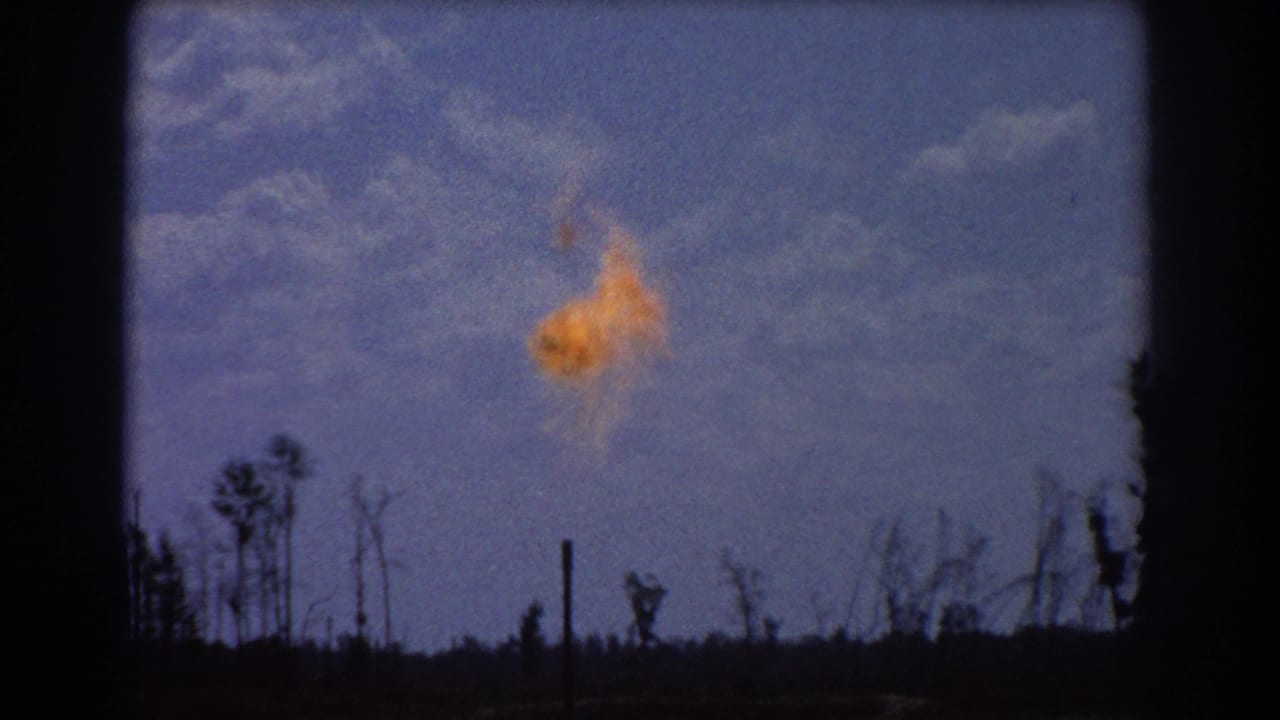 Gas flare burning above a silhouetted treeline under a blue sky.