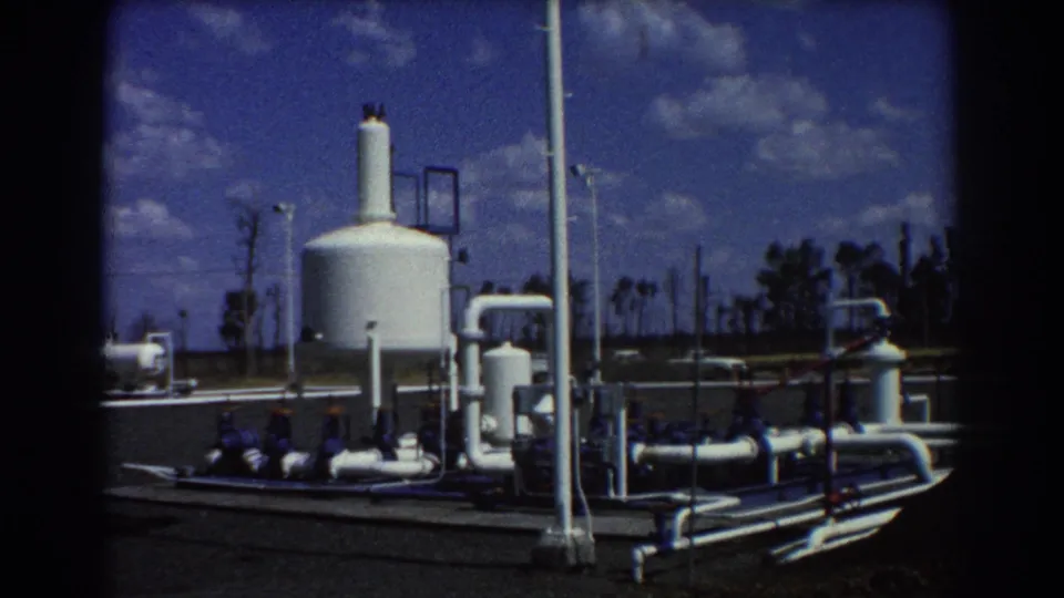 1967 Brisbane 8mm frame showing refinery tanks, pipework, poles, and industrial equipment beneath a partly cloudy sky.
