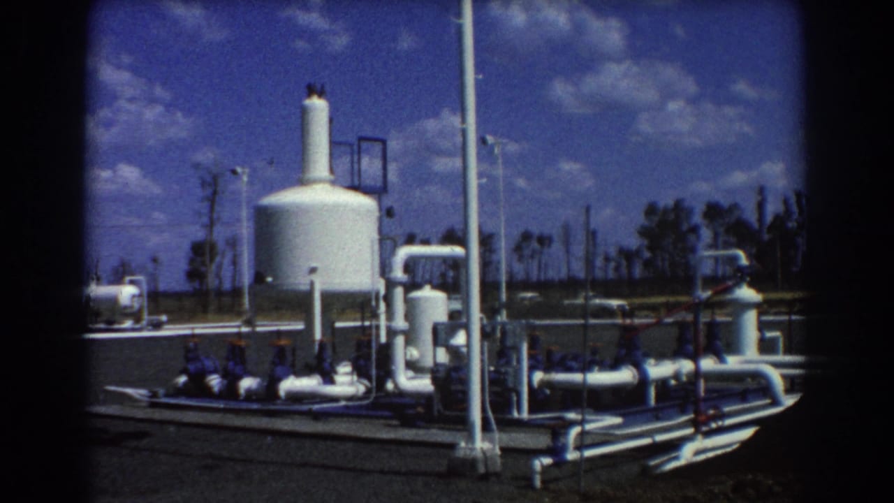 1967 Brisbane 8mm frame showing a white cistern, exposed pipes, small tanks, light poles, roadside edge, trees, and scattered clouds.