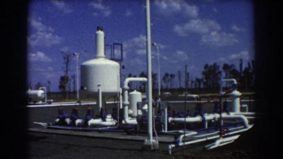 1967 Brisbane 8mm frame showing a white cistern, exposed pipes, small tanks, light poles, roadside edge, trees, and scattered clouds.