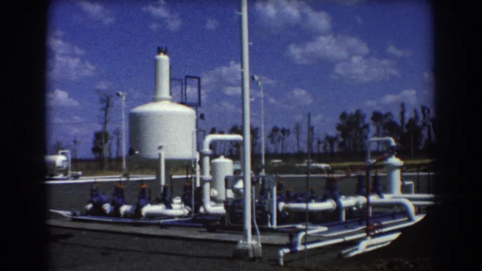 1967 Brisbane frame with a white utility tank, horizontal and vertical pipe runs, small vessels, poles, road, trees, and bright sky.
