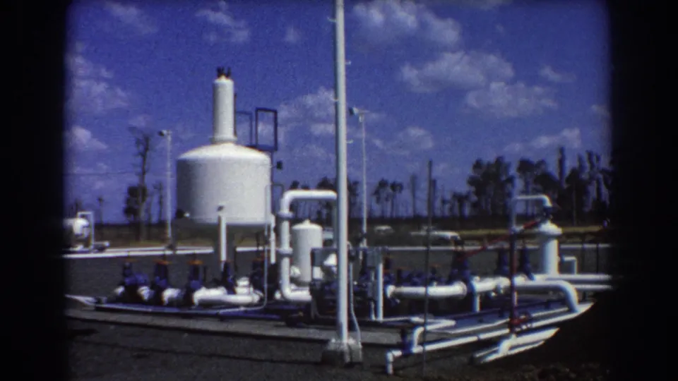 1967 Brisbane 8mm still showing the white cistern more centrally, with pipework, vertical poles, trees, road surface, and clouded blue sky.