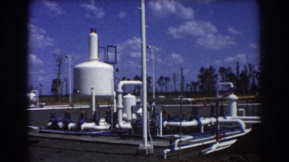 Final 1967 Brisbane frame holds on the outdoor water-facility equipment, including a white cistern, connected pipes, poles, distant trees, and sky.