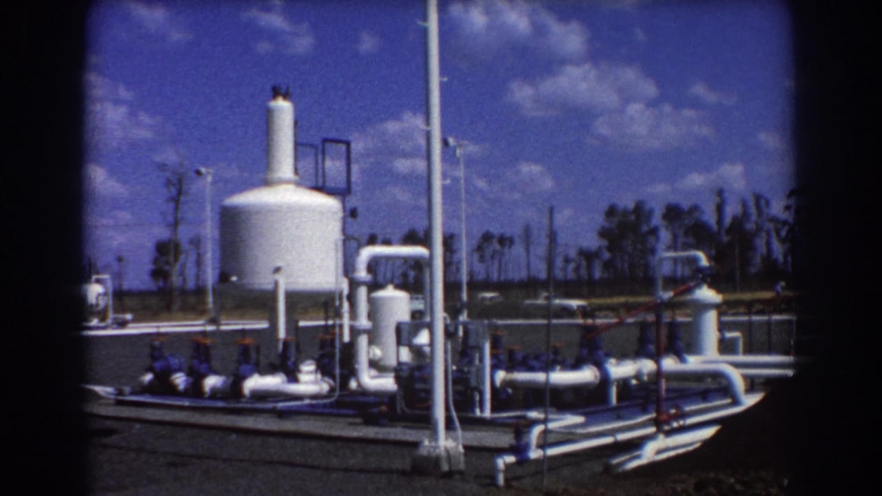 Industrial plant with a white cylindrical tank, piping, and open sky.
