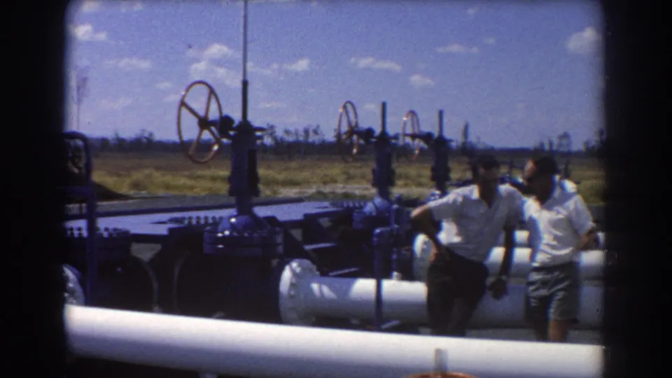 Wide view of outdoor pipeline equipment and handwheel valves, with two men partly visible at the right of the frame.
