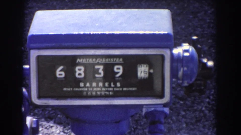 1967 close-up of the blue meter register, showing the mechanical barrel count and printed faceplate details.
