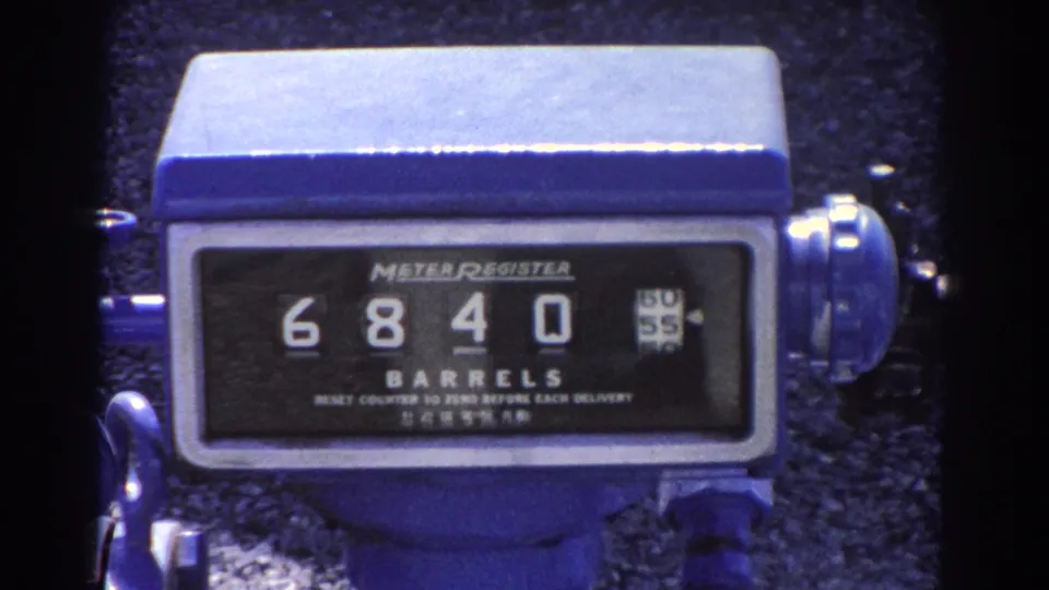 1967 Brisbane 8mm footage showing a close-up blue barrel meter register with the counter at 6840.