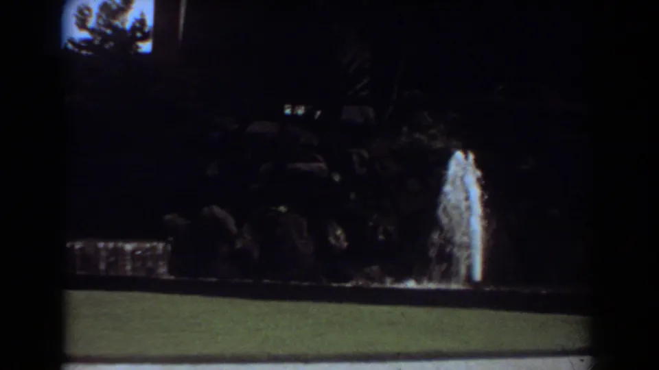 1967 Fort Lauderdale night park frame with a fountain jet rising beside dark plantings, low edging, and lawn.