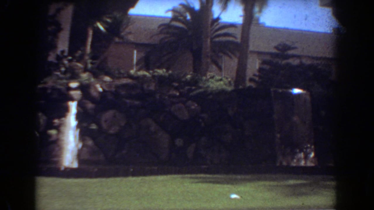 1967 Fort Lauderdale home-movie frame showing a lawn, tropical planting, stone border, low building, and small fountain feature.
