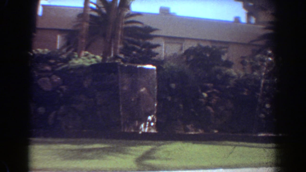 1967 Fort Lauderdale garden view centered on stone landscaping, tropical foliage, lawn, and the dark fountain structure.