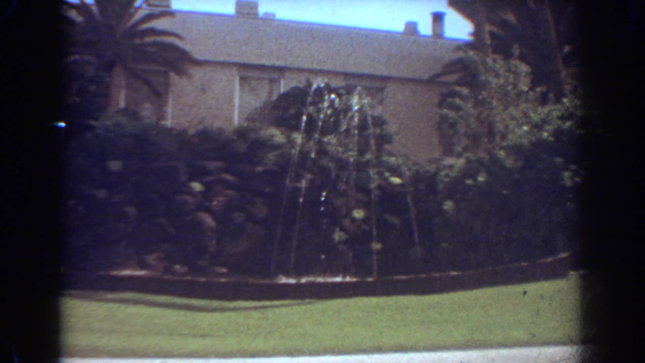 1967 Fort Lauderdale frame of a residential exterior with palms, dense landscaping, lawn, and a visible front-yard fountain.