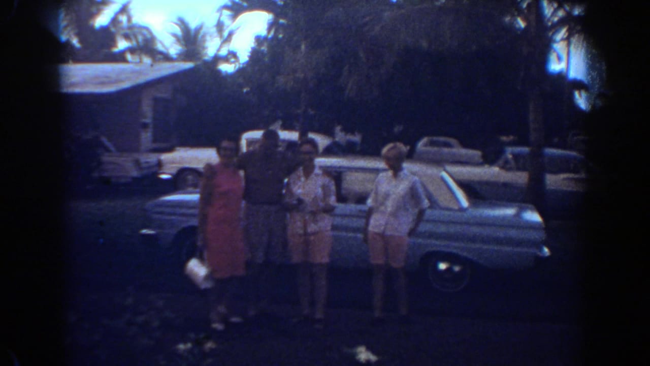 Four adults pose beside a light blue car under palm trees.