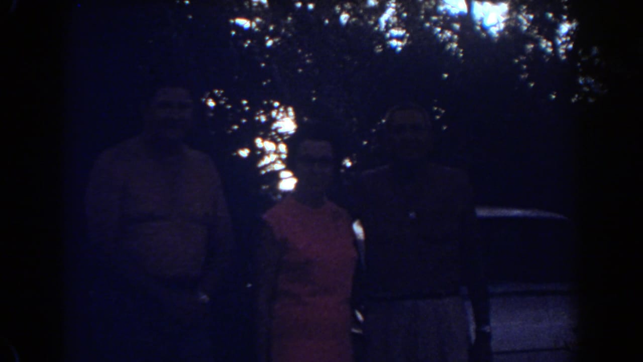 Three adults stand in deep shade beneath trees with only partial facial and clothing detail visible.