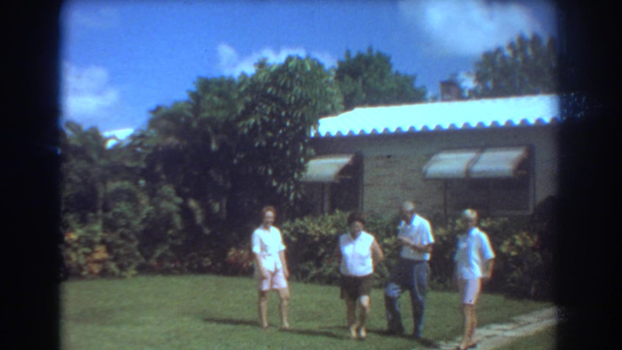 Four older adults continue across the lawn and walkway of a 1967 Fort Lauderdale suburban home-movie scene.