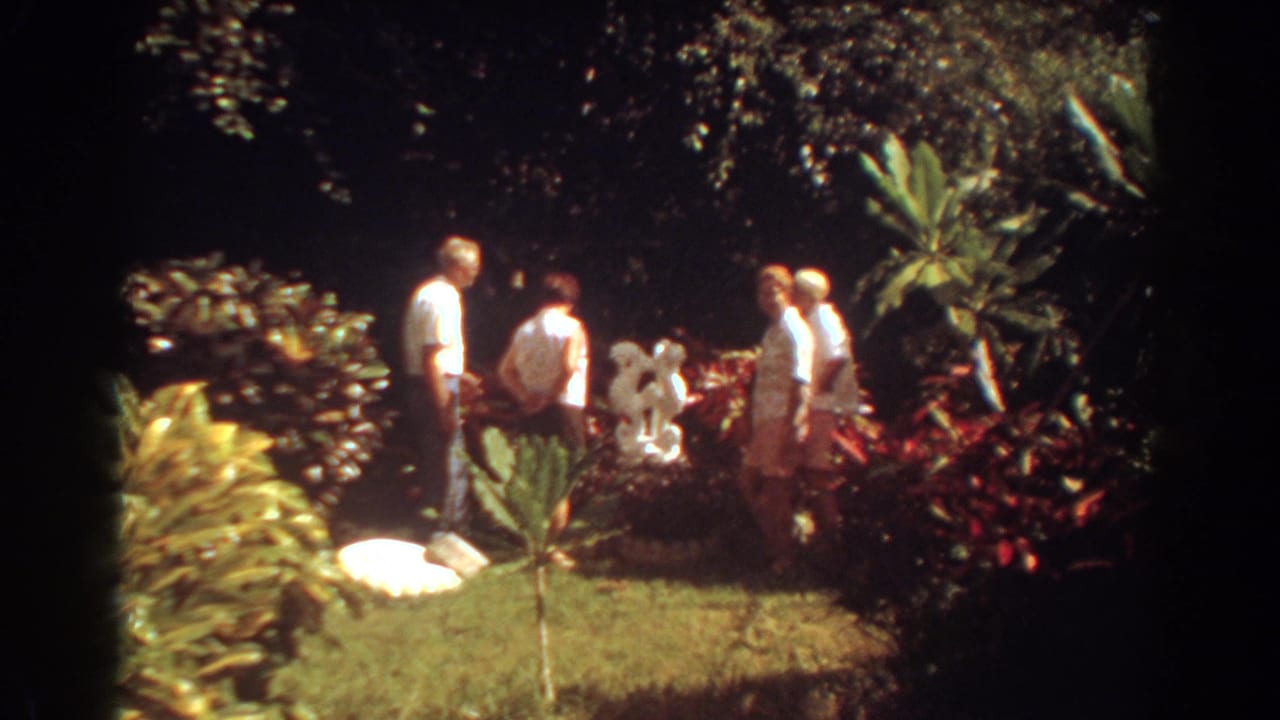 Four adults stand in a tropical garden near a small white sculpture.