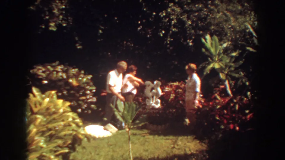 Adults in light summer clothing stand near a white garden sculpture in Fort Lauderdale, with deep shade and sunlit plants around them.