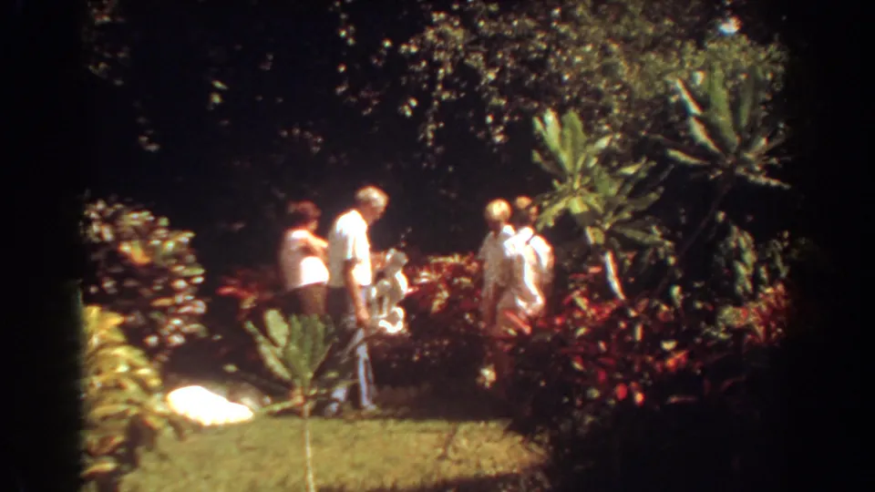Four adults appear to examine a white garden sculpture, framed by bright lawn, red foliage, and tall tropical plants.
