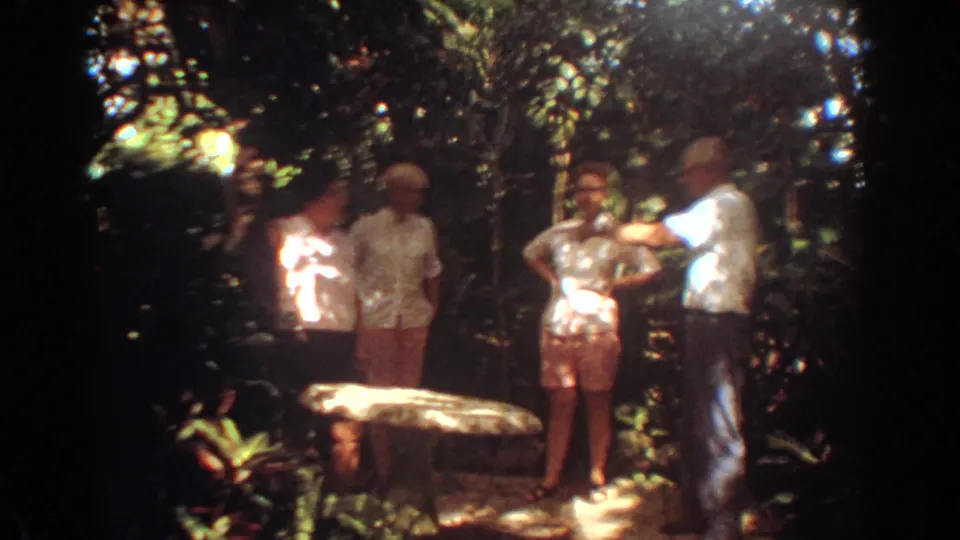 A closer garden view shows adults in summer clothing near a pale stone feature, with thick foliage and filtered light behind them.
