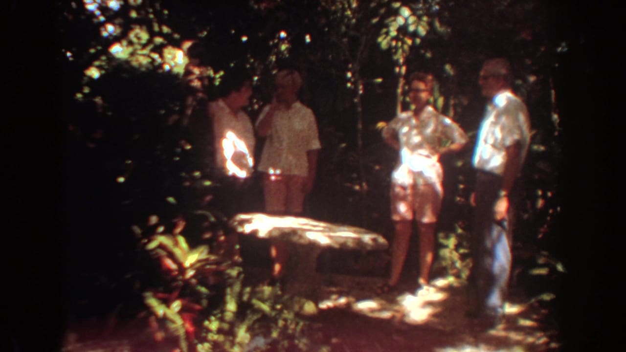 A Fort Lauderdale 1967 home-movie frame shows adults gathered around a pale stone table under dense tree cover.