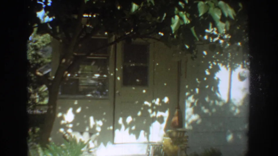 White bungalow exterior in Fort Lauderdale, shaded by trees, with a front doorway and window visible on 8mm film.