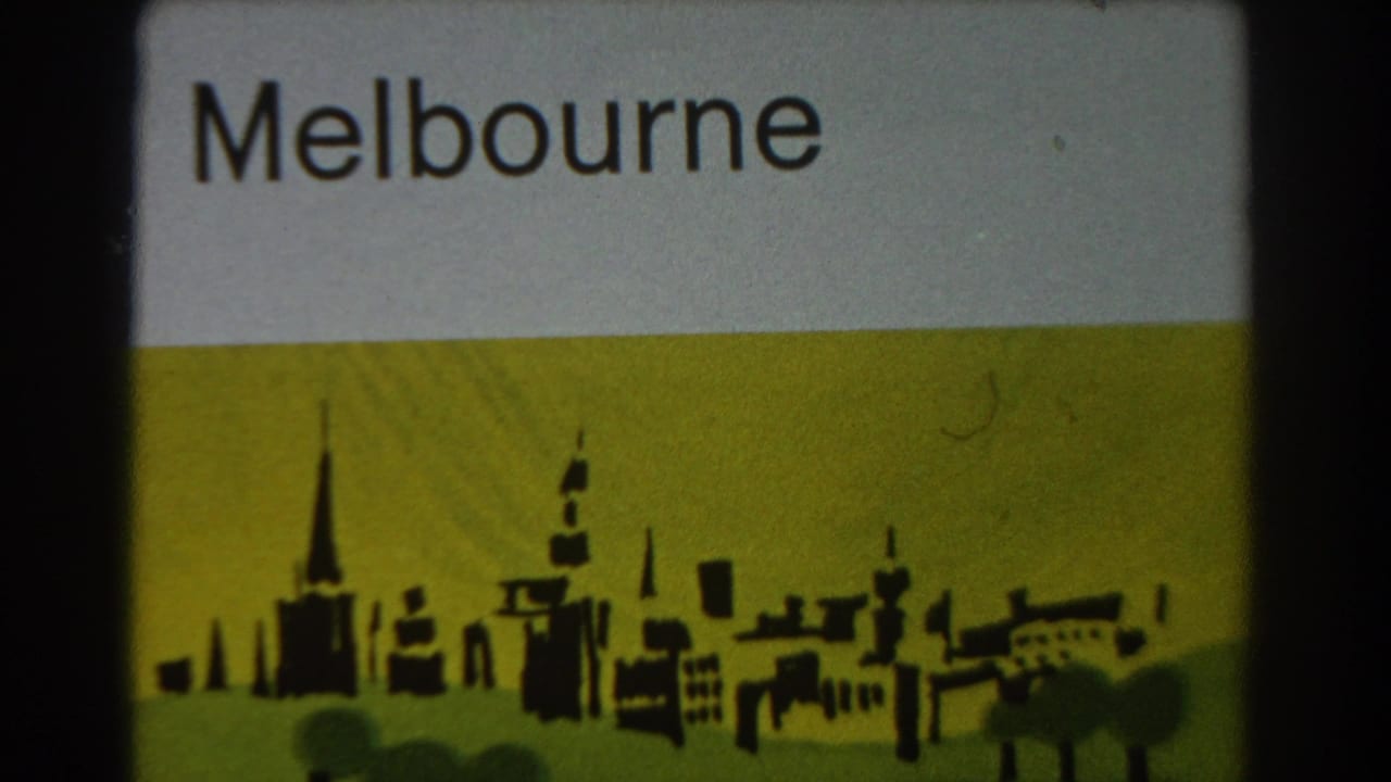 Melbourne title card above a black stylized skyline on a yellow-green background.