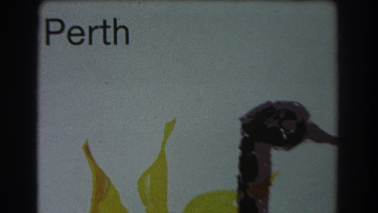 Perth text above yellow painted shapes and a dark form on a white background.