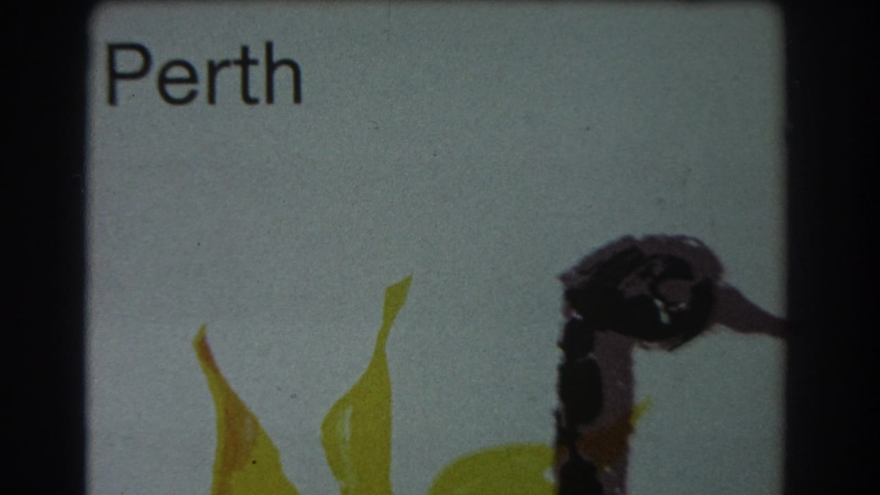 Perth text with yellow shapes and a dark birdlike painted form on a pale background.