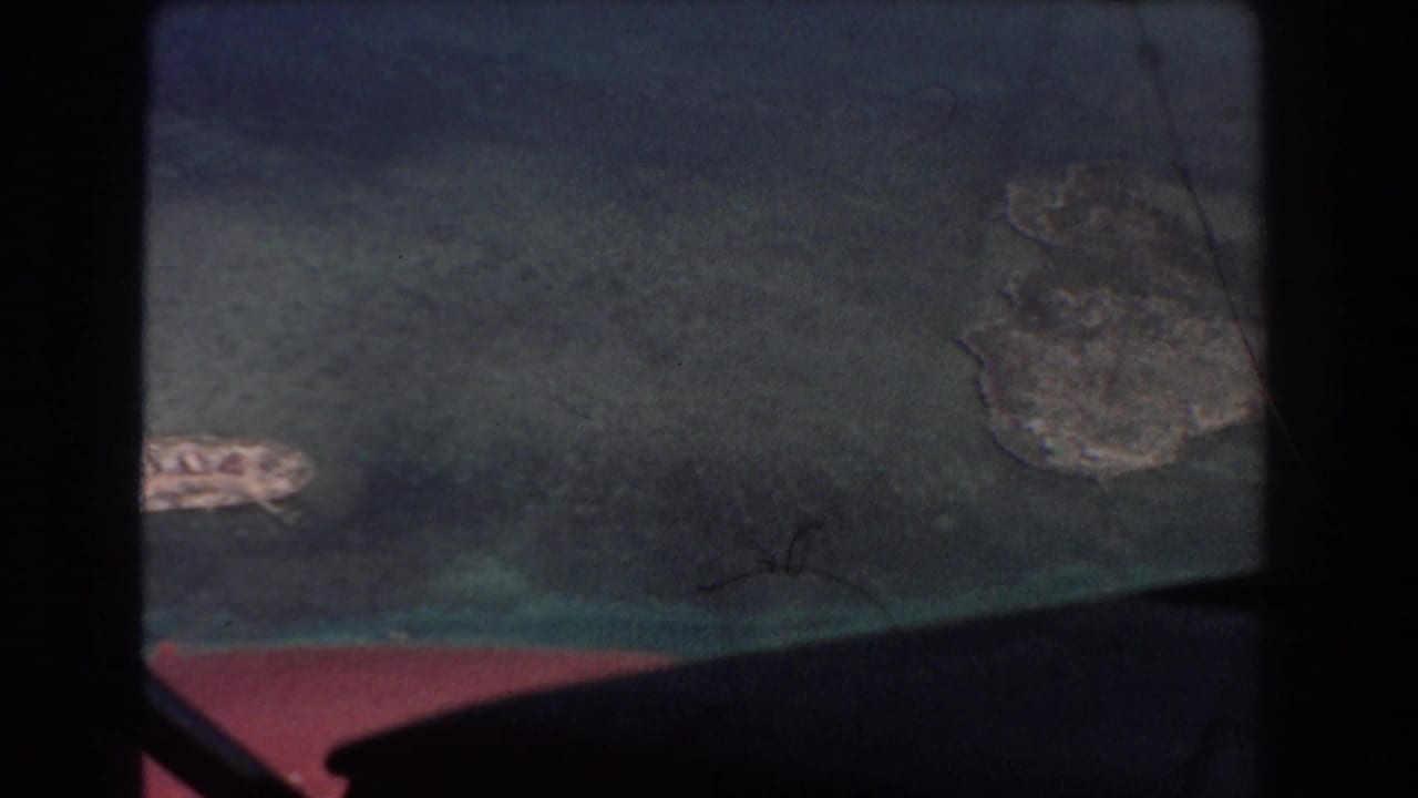 Aerial view of shallow coastal water and island land seen through a dark aircraft window frame.