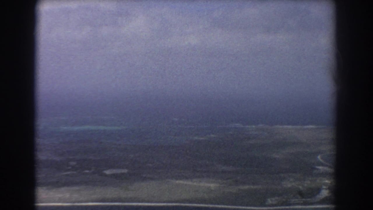 Aerial coastal landscape with flat land, pale beach edge, and distant water under clouds.