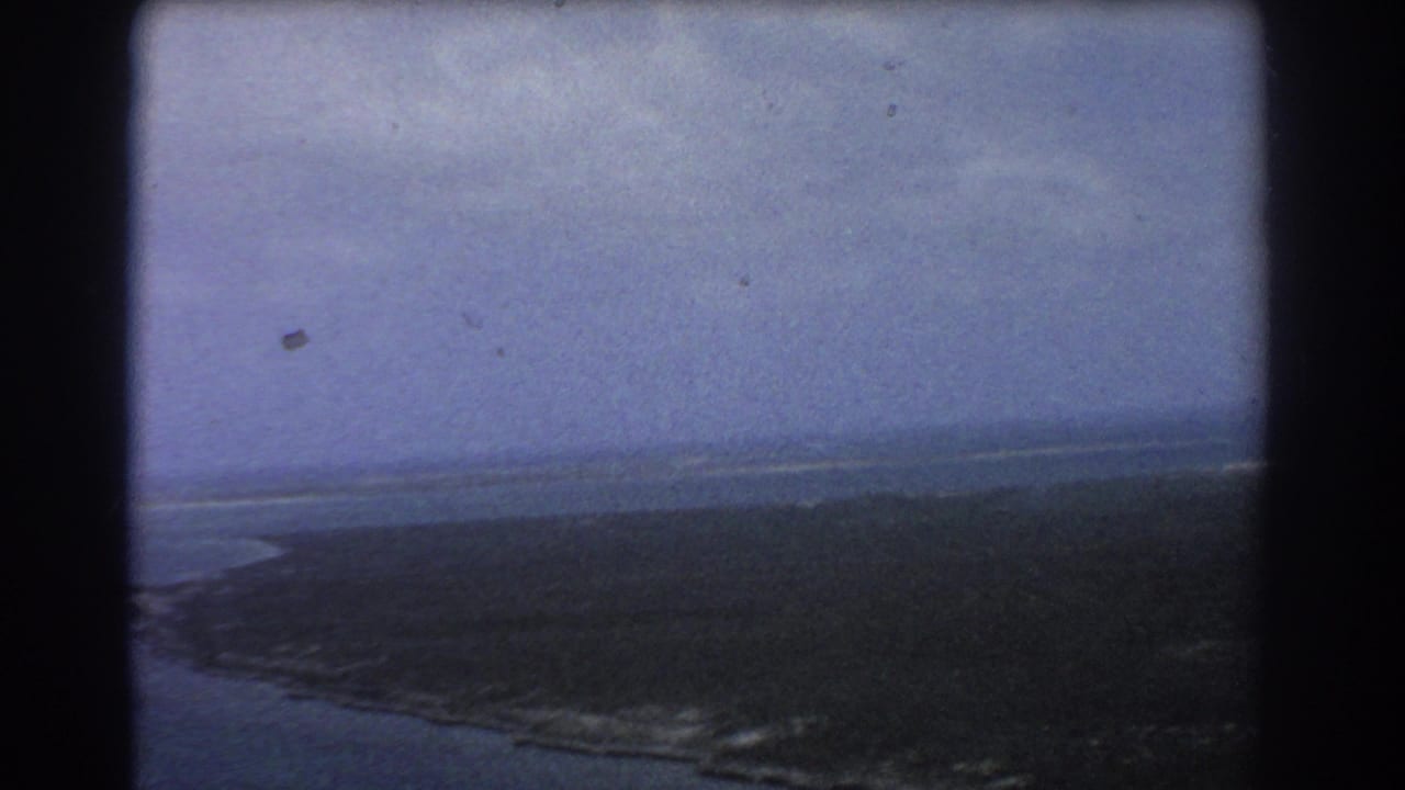 Aerial view of dark green coastline beside blue ocean under hazy sky.