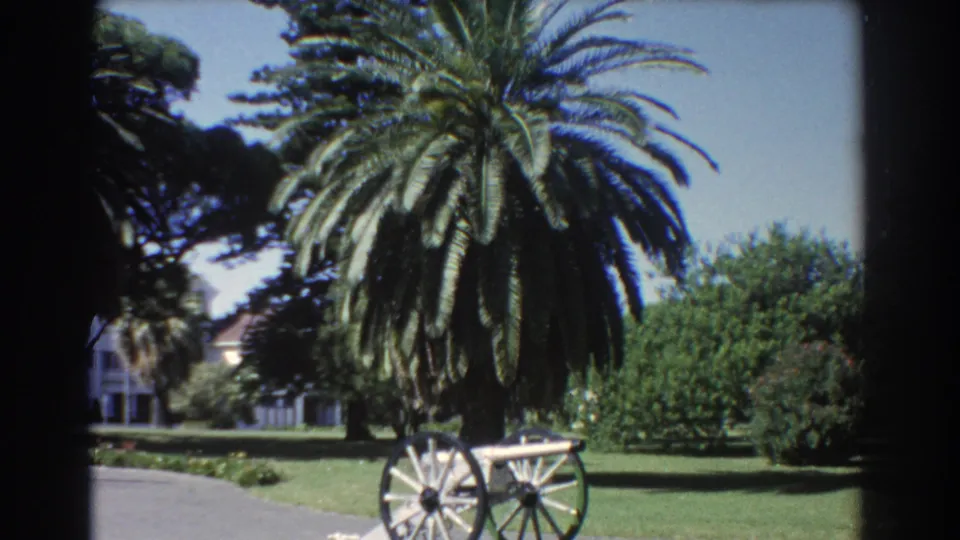 1967 Perth 8mm frame of a landscaped lawn with a large palm, cannon wheels, shrubs, and a pale building beyond the trees.