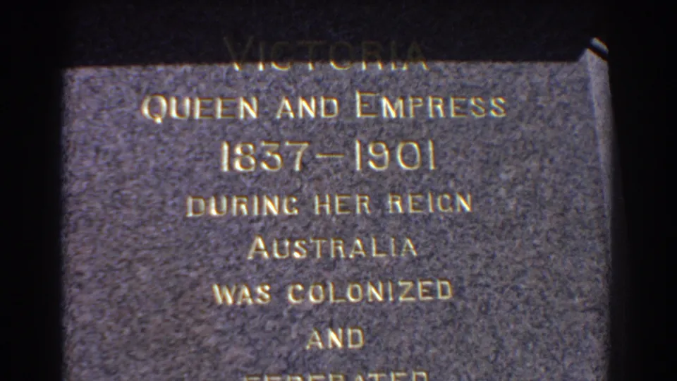 1967 Perth 8mm frame with the Queen Victoria plaque text visible, including dates and reference to Australia.