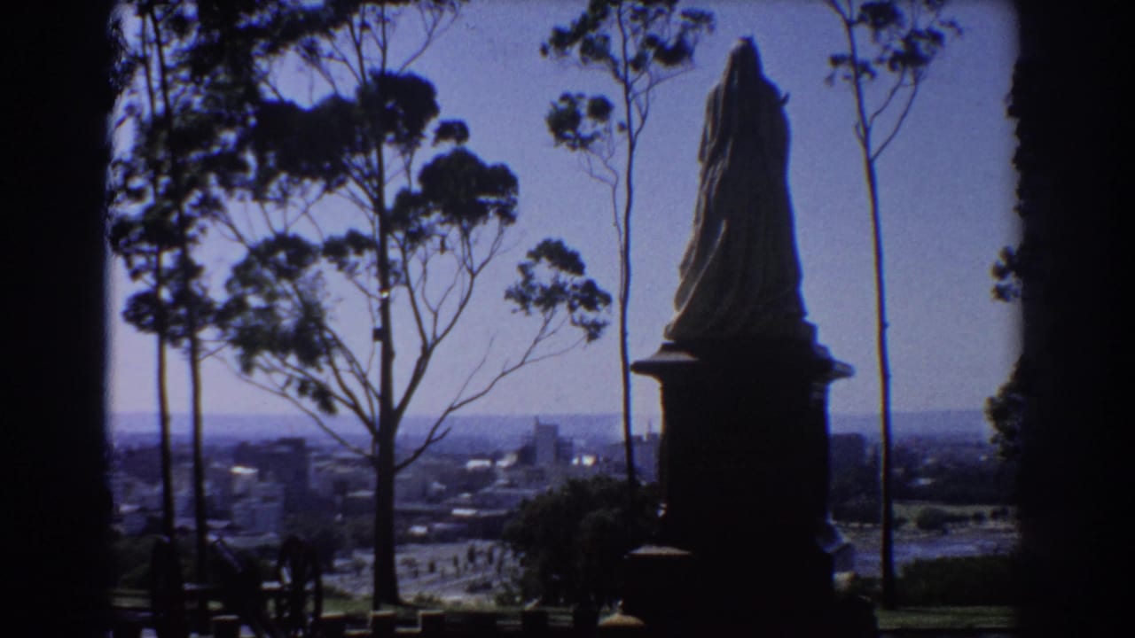 Tall trees and a silhouetted statue overlook distant buildings under a clear blue sky.