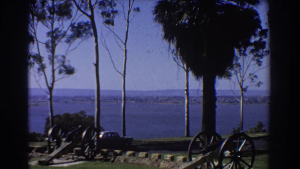 1967 Perth scenic overlook with a palm tree, cannons, grass, and distant shoreline across a broad blue waterway.