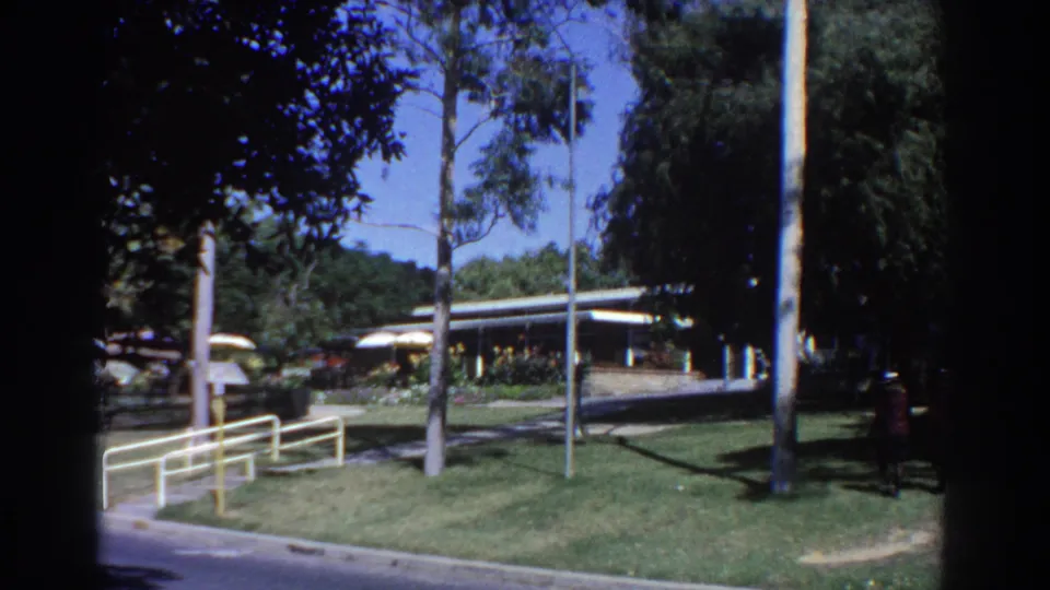 1967 Perth park scene with eucalyptus trees, yellow railing, lawn, road, and a low modern building.