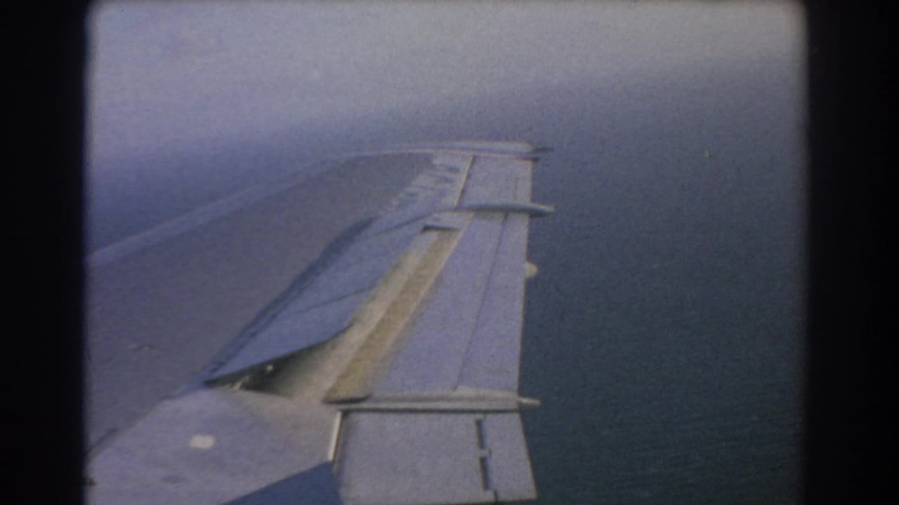 Airplane wing over ocean with spoiler panels raised in hazy light.