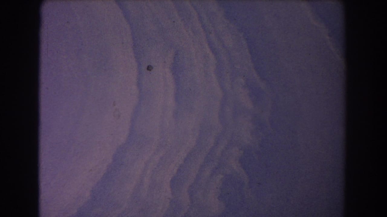Purple-blue abstract ridged surface seen through an 8mm film frame.