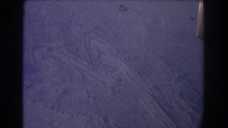 Final 1967 Sydney-area airplane-window frame showing muted terrain, faint ridges, dust and purple-shifted 8mm color.