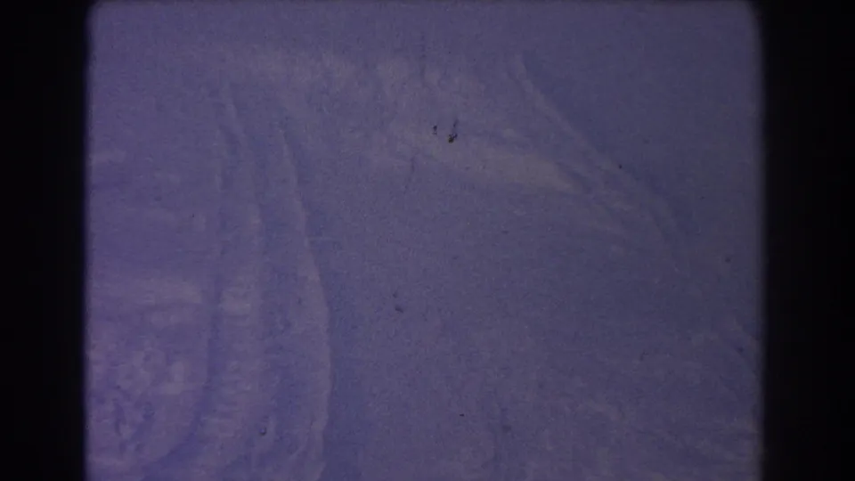 Purple-magenta 8mm frame showing faint tire-like marks in snow, with dark borders and no identifiable people or structures.