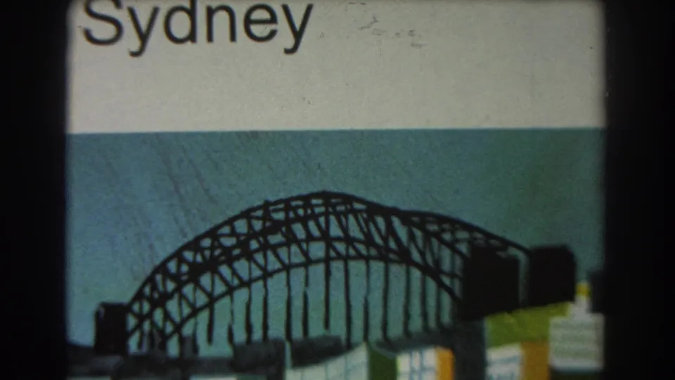 1967 Sydney travel illustration showing the Harbour Bridge graphic under the printed Sydney heading, with visible grain and soft focus.
