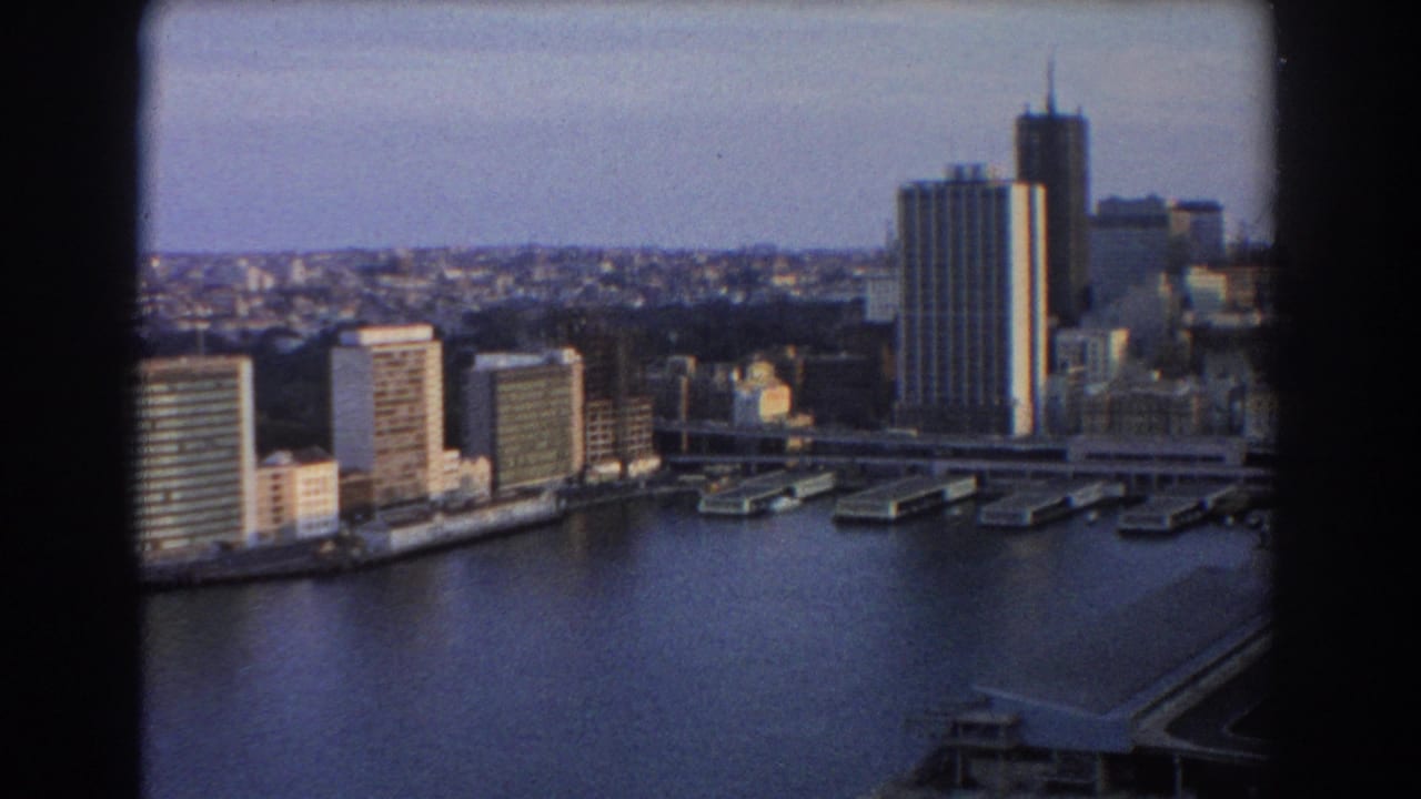 Harbor panorama with office buildings, a tall tower, piers, water, and distant low city blocks.